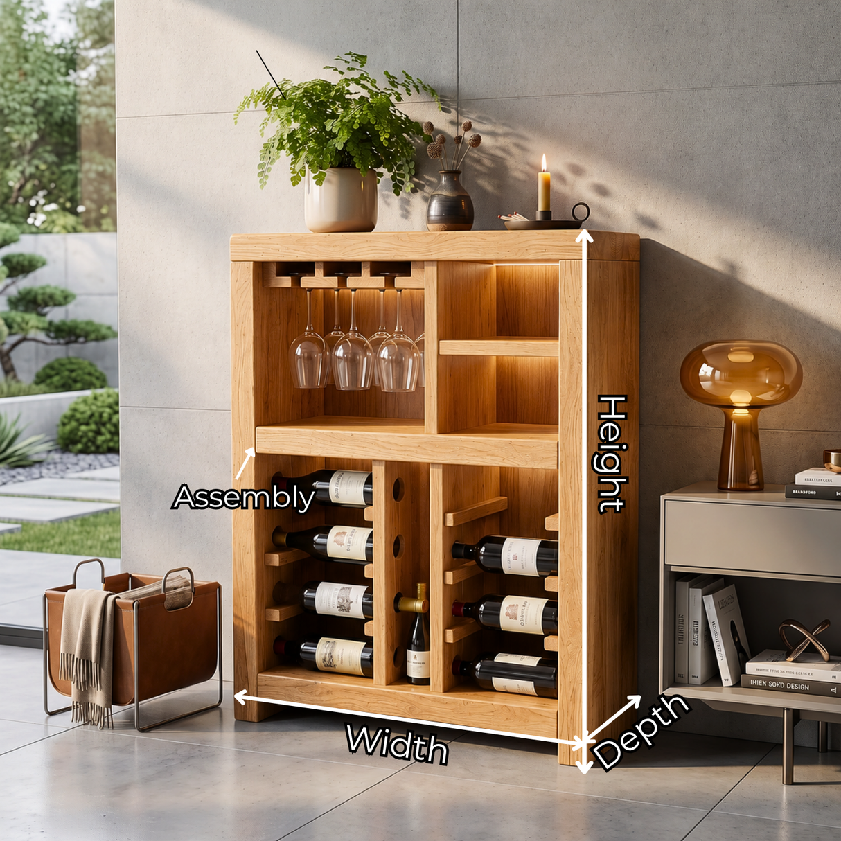Solid Wood Wine Cabinet with Bottle Racks and Stemware Storage for Home Bar