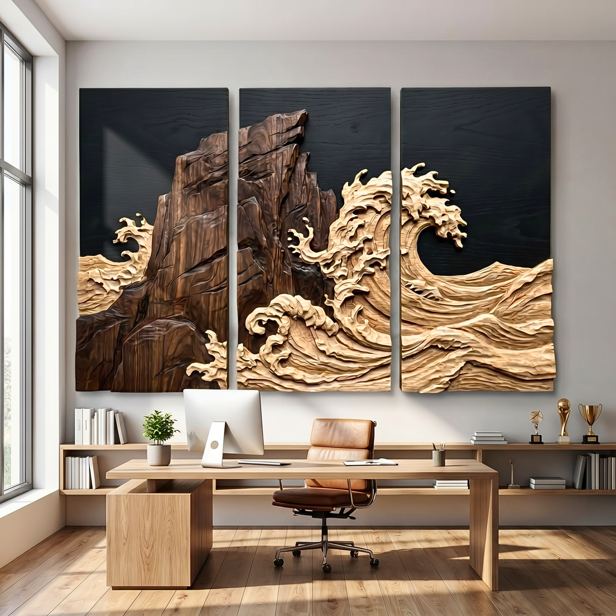 Three-Panel Carved Wood Wall Sculpture with Crashing Wave and Cliffside Relief