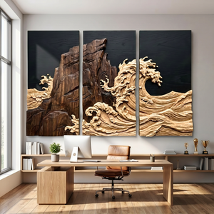 Three-Panel Carved Wood Wall Sculpture with Crashing Wave and Cliffside Relief