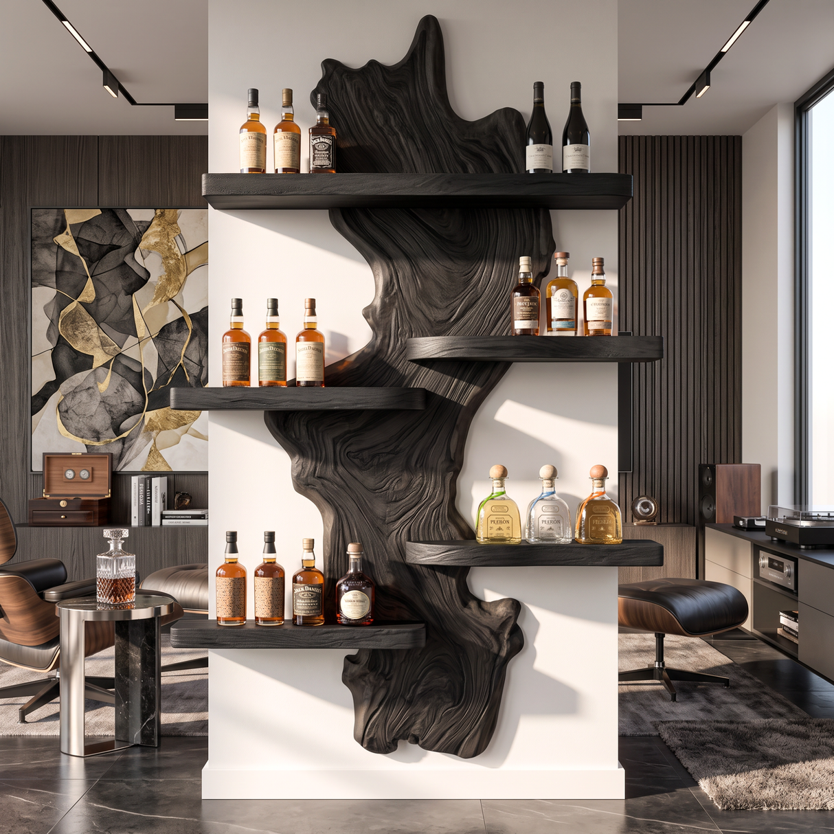 Wall Mounted Wine Rack Solid Wood with Sculptural Live Edge Center and Display Shelves
