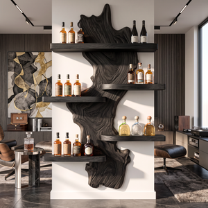 Wall Mounted Wine Rack Solid Wood with Sculptural Live Edge Center and Display Shelves