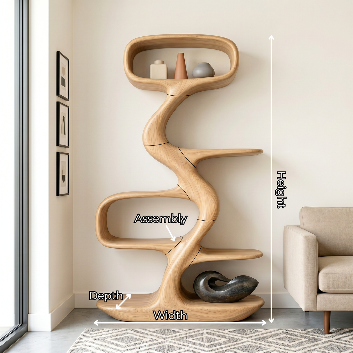Organic Solid Wood Display Shelf with Flowing S-Shaped Frame