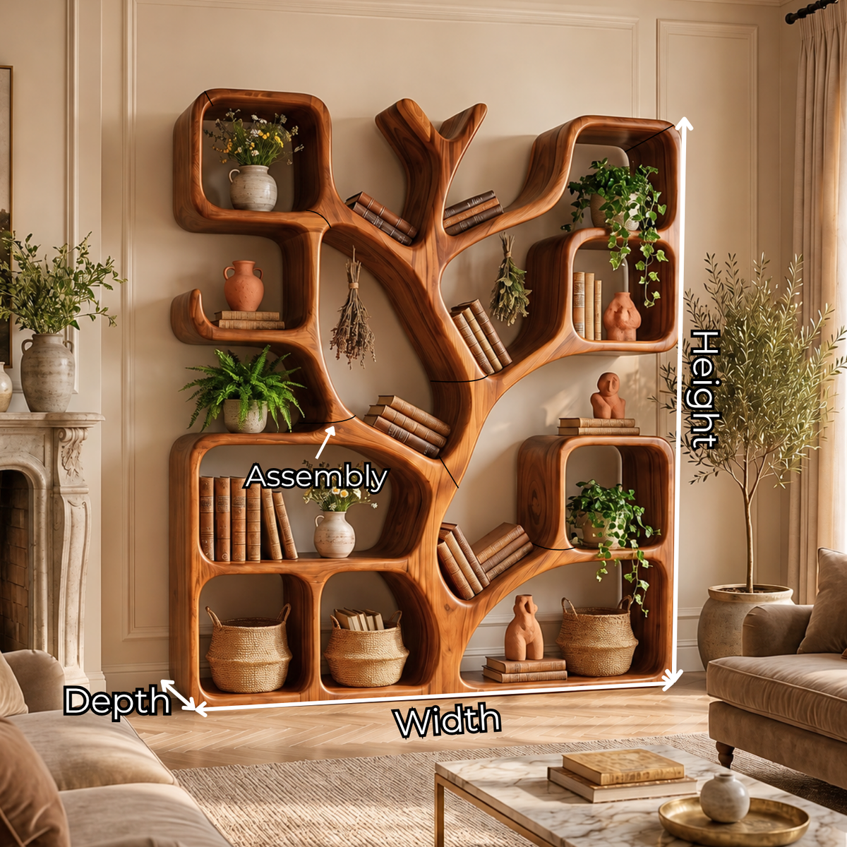 Handcrafted Solid Wood Tree Bookshelf with Organic Open Display Shelves