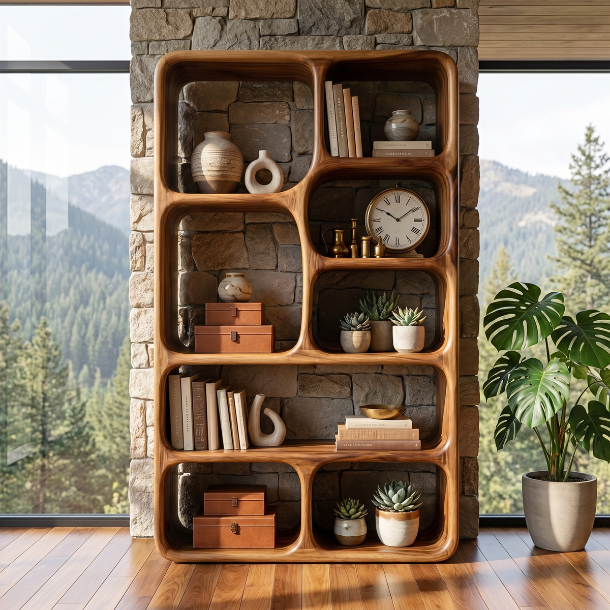 Organic Solid Wood Bookshelf with Rounded Open Display Niches