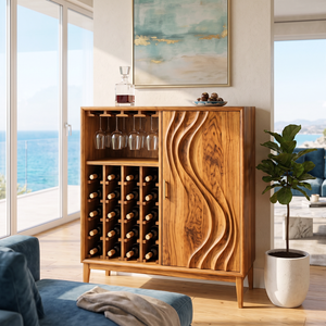 Solid Wood Wine Cabinet with Carved Wave Door for Dining Room