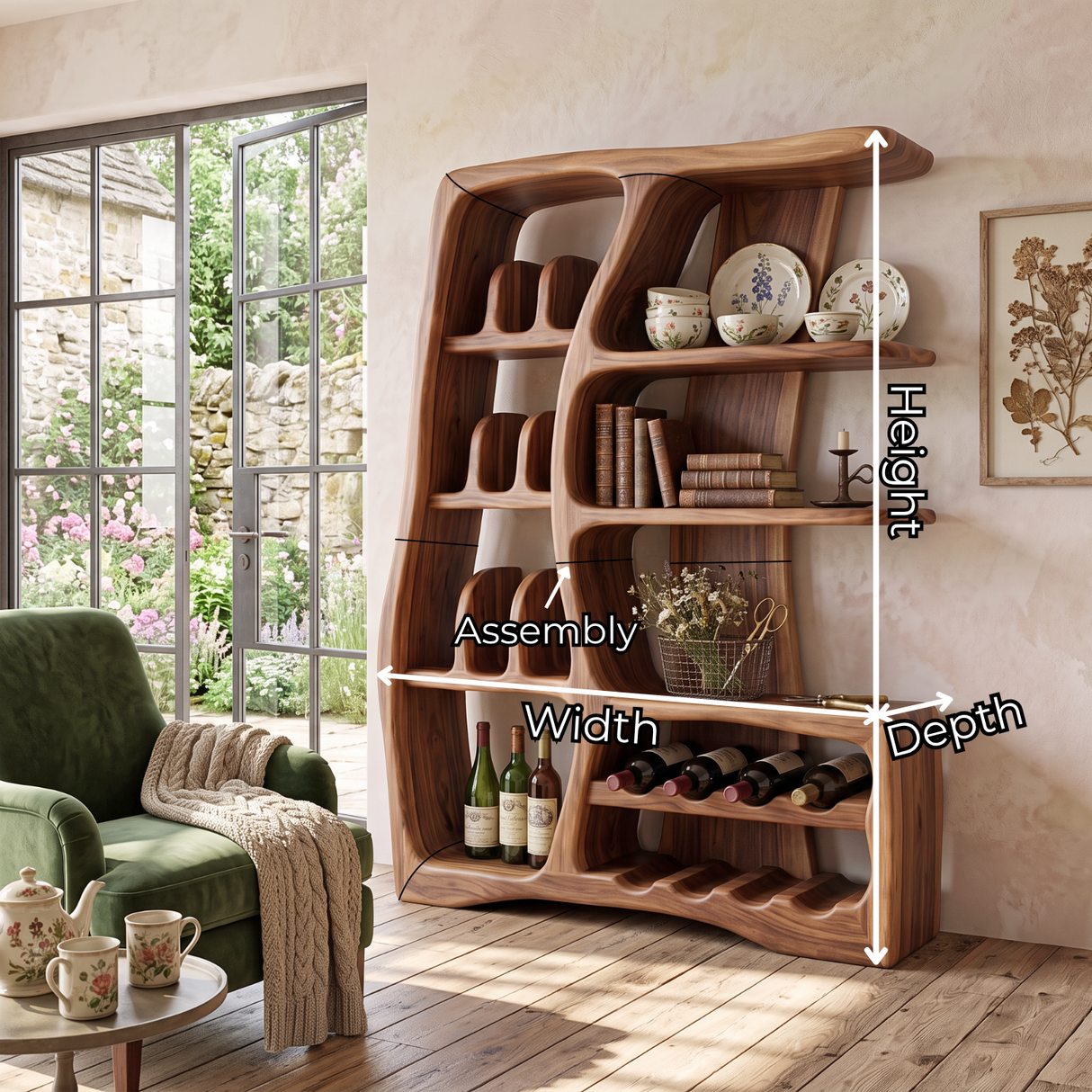 Solid Wood Wine Cabinet with Sculptural Open Shelves and Bottle Rack