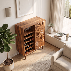 Wine Cabinet Solid Wood with Carved Wave Door and Bottle Storage for Home Bar
