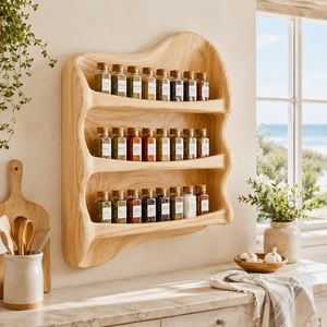 Handcrafted Solid Wood Wall-Mounted Spice Shelf with Wavy Side Frame