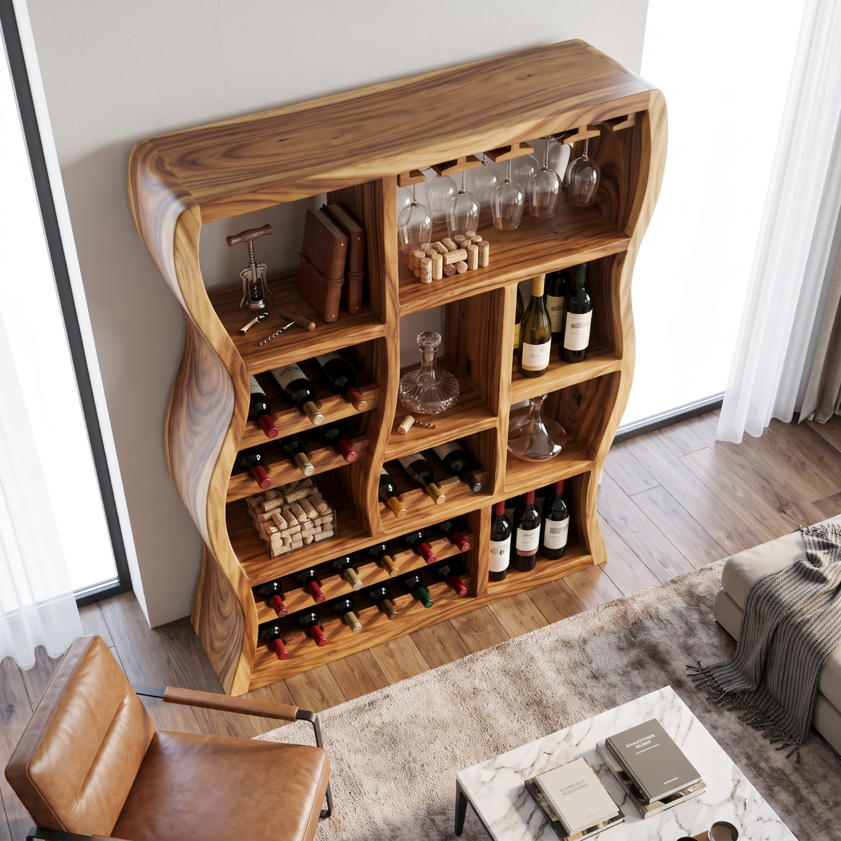 Sculptural Solid Wood Wine Cabinet with Curved Open Compartments