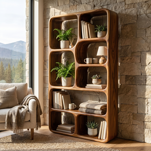 Organic Solid Wood Bookshelf with Rounded Open Display Niches