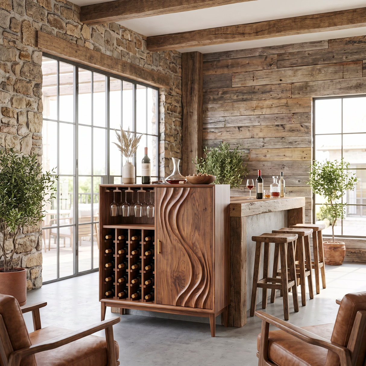 Solid Wood Wine Cabinet with Carved Wave Door for Dining Room