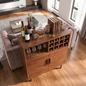 Solid Wood Wine Cabinet with Bottle Grid and Carved Storage Doors