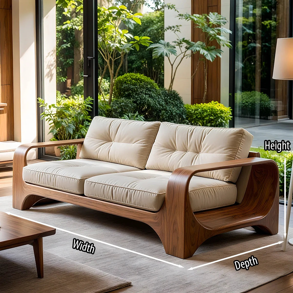 Mid Century Solid Wood Sofa Sculpted Frame Wooden Couch with Leather Cushions