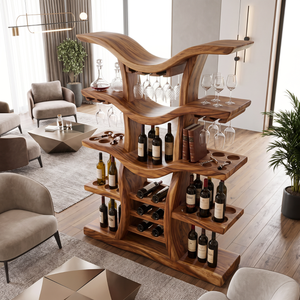 Freestanding Wine Rack Solid Wood with Branching Shelves for Home Bar