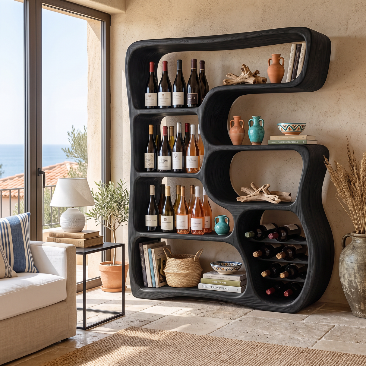 Wine Cabinet Solid Wood with Organic Open Shelves for Living Room Display