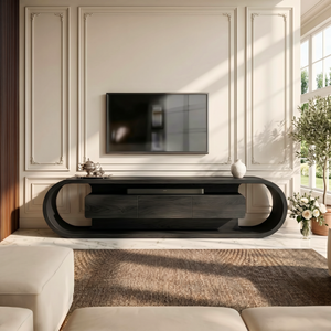 Organic Solid Wood TV Stand with Oval Loop Frame and Storage Drawers
