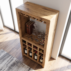 Solid Wood Wine Rack Cabinet with Stemware Holder and Display Shelf