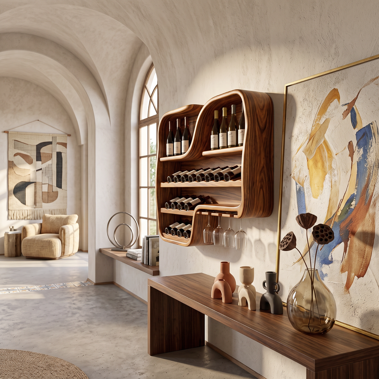 Wall Mounted Wine Rack Solid Wood with Curved Bottle Shelves for Home Bar