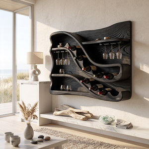 Wall Mounted Wine Rack Solid Wood with Sculptural Wave Shelves