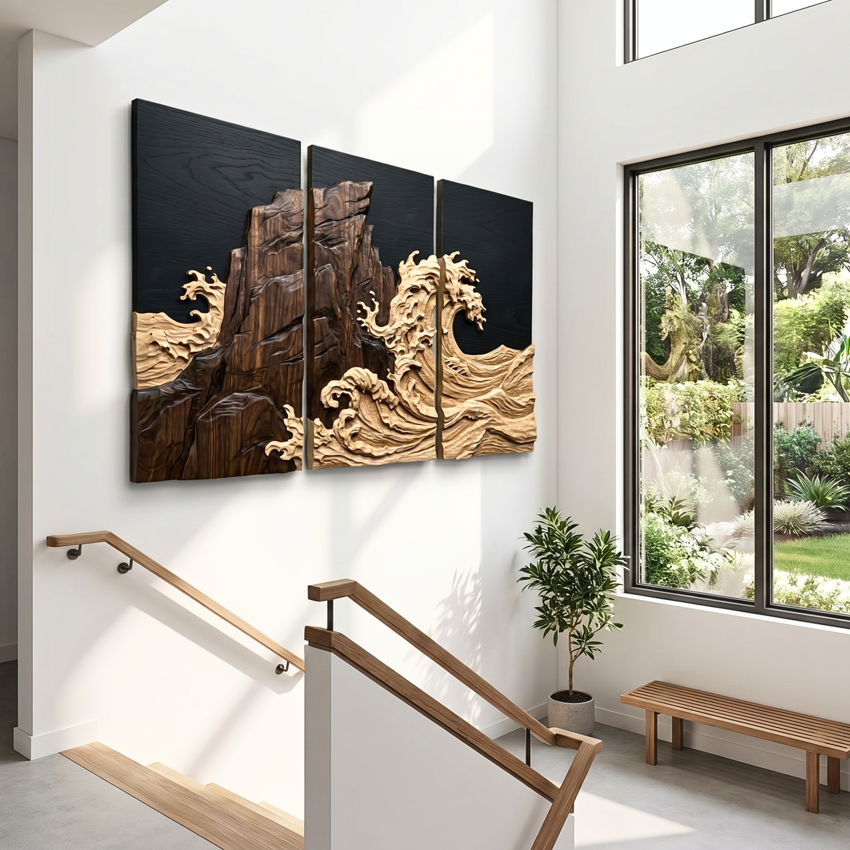 Three-Panel Carved Wood Wall Sculpture with Crashing Wave and Cliffside Relief