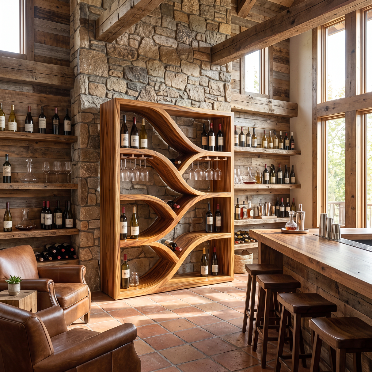 Sculptural Solid Wood Wine Display Cabinet with Flowing Bottle Shelves