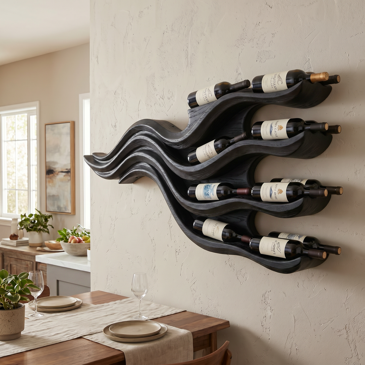 Wall-Mounted Solid Wood Wine Rack with Flowing Wave Shelves