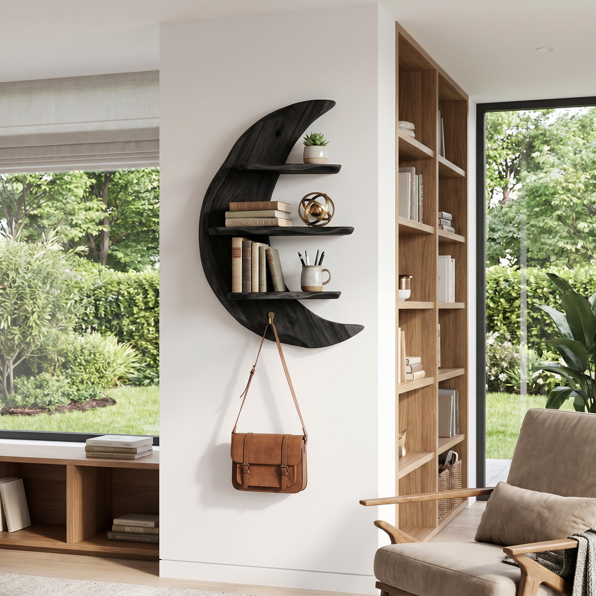 Crescent Moon Wood Wall Shelf with Three Display Tiers
