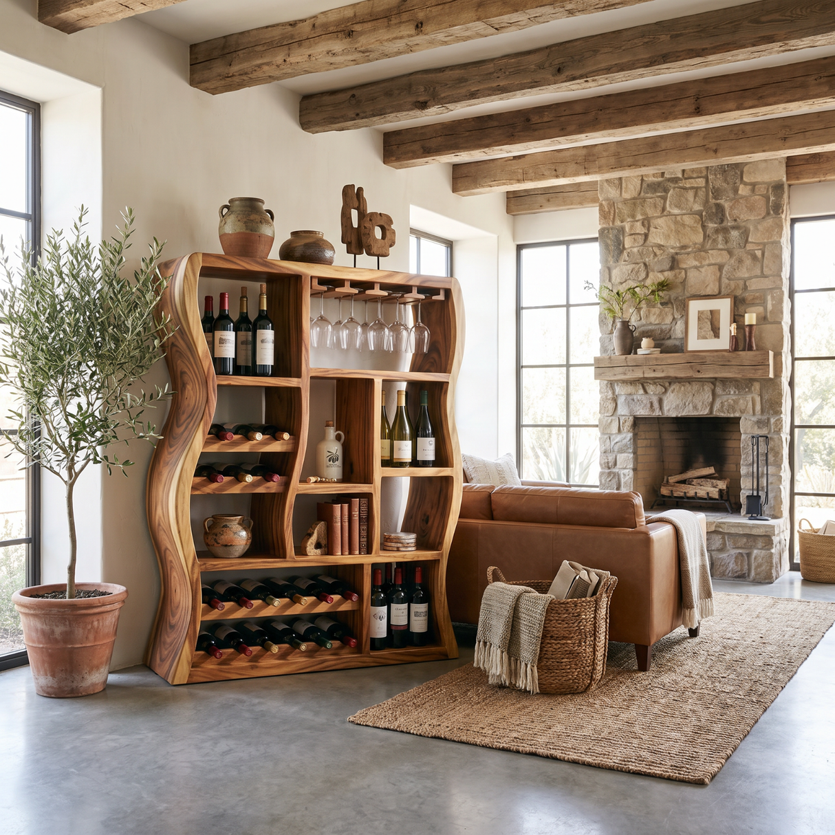 Sculptural Solid Wood Wine Cabinet with Curved Open Compartments