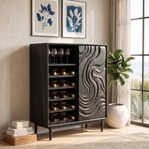 Wine Cabinet Solid Wood with Carved Wave Door and Bottle Storage for Home Bar