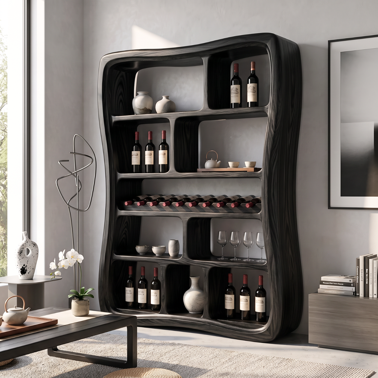 Wine Display Cabinet Solid Wood with Organic Open Compartments for Bar Decor