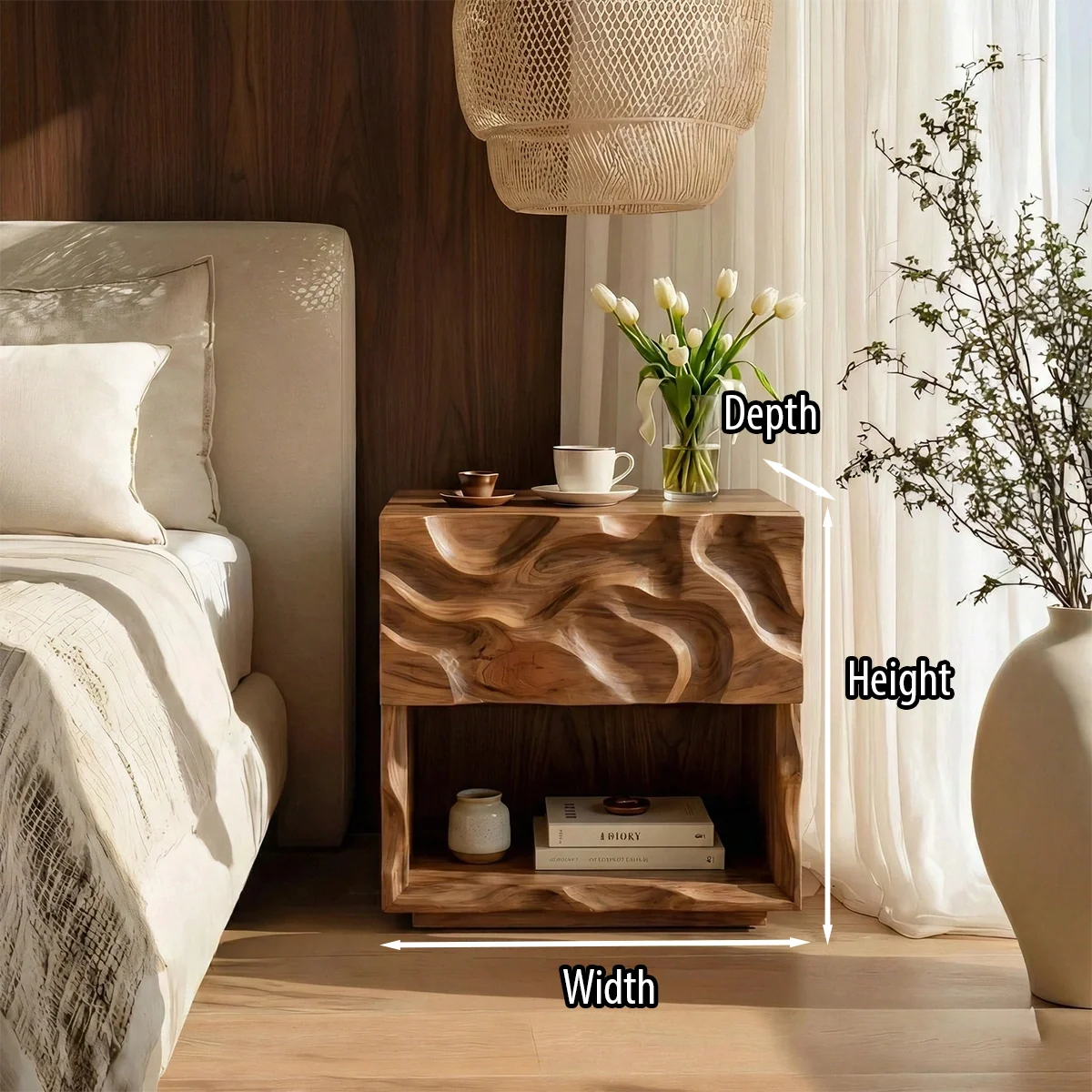 Modern Solid Wood Nightstand with Sculpted Wave Front