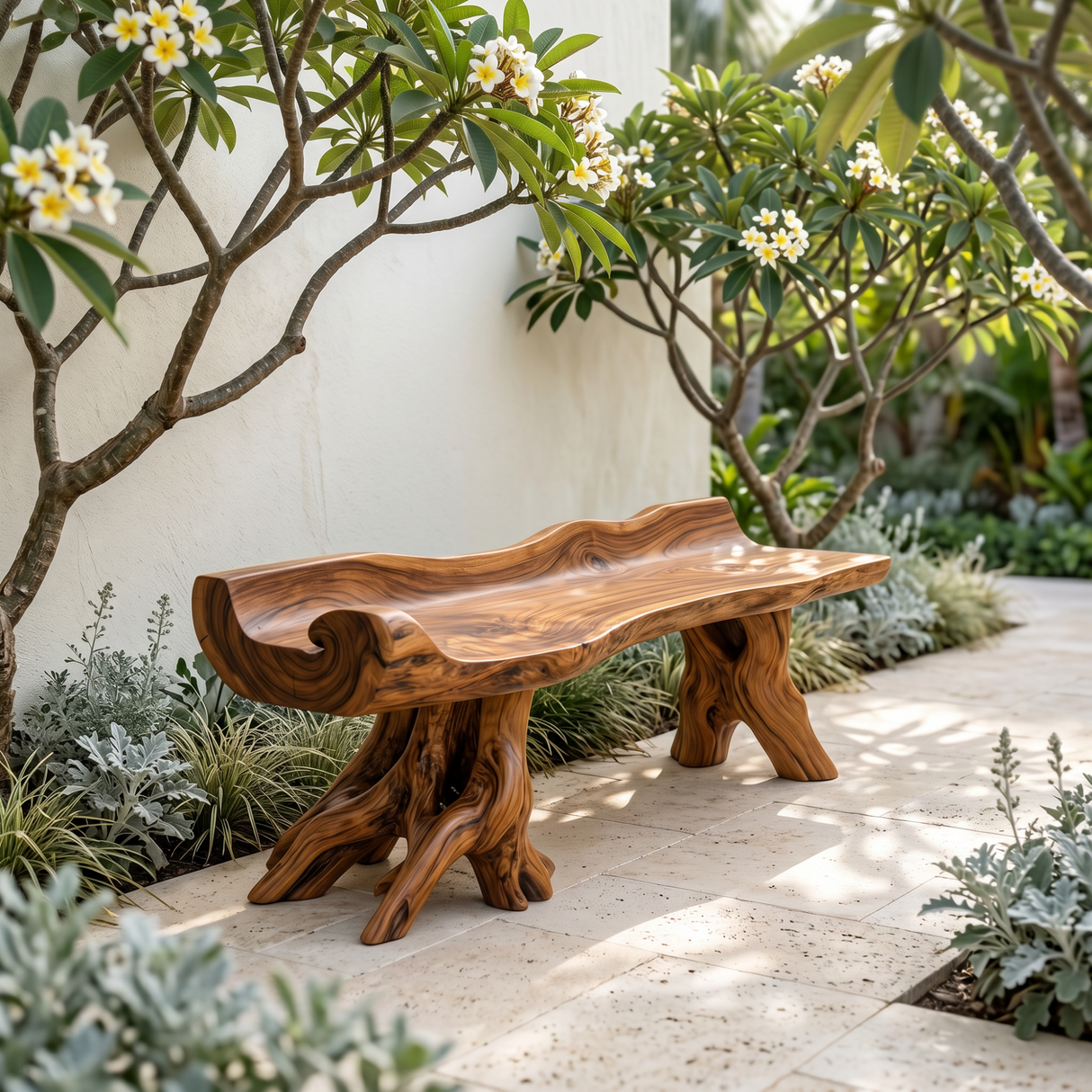 Solid Wood Garden Bench with Scroll Wave Seat for Outdoor Seating
