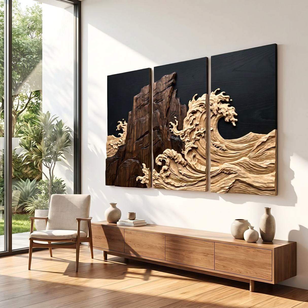 Three-Panel Carved Wood Wall Sculpture with Crashing Wave and Cliffside Relief
