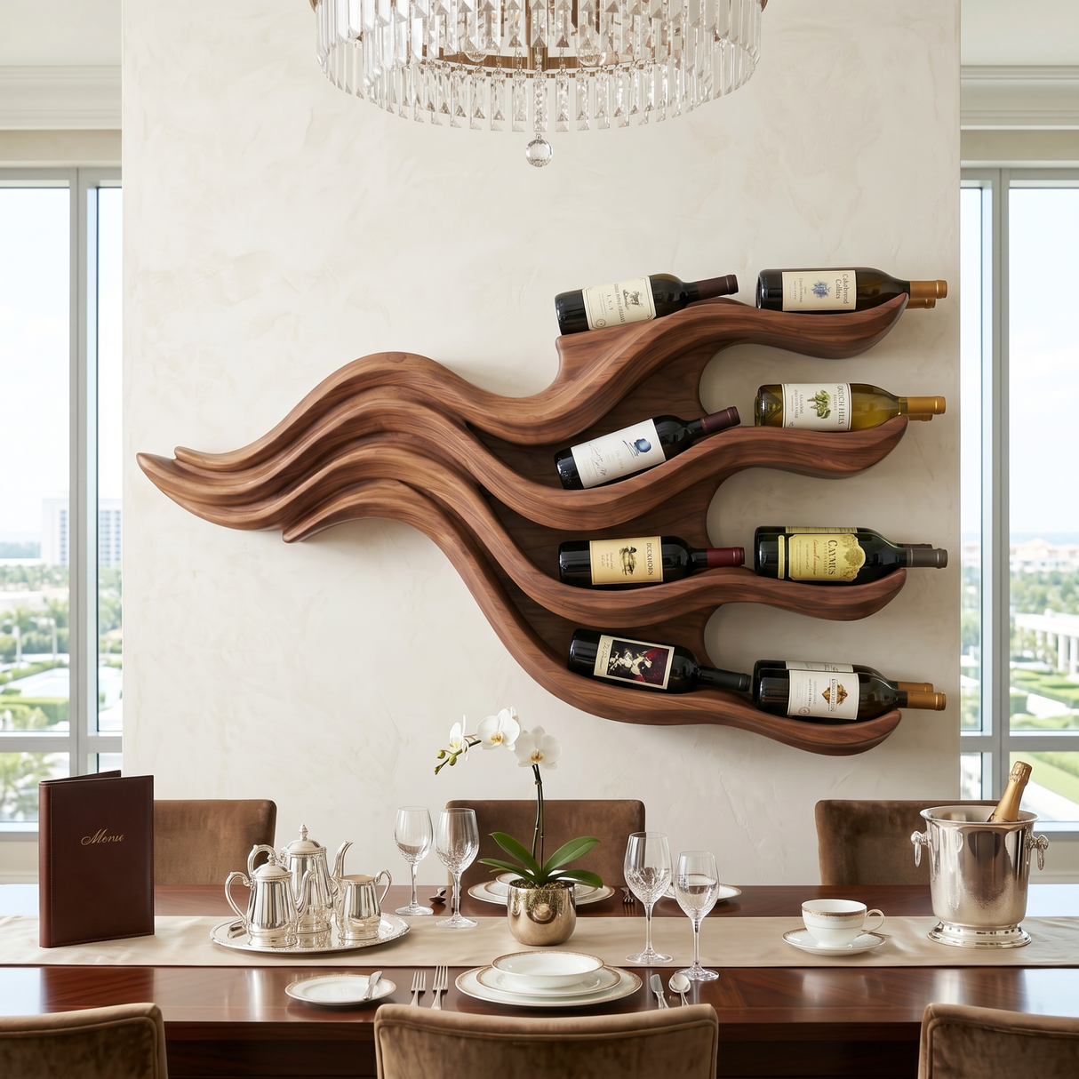 Wall-Mounted Solid Wood Wine Rack with Flowing Wave Shelves