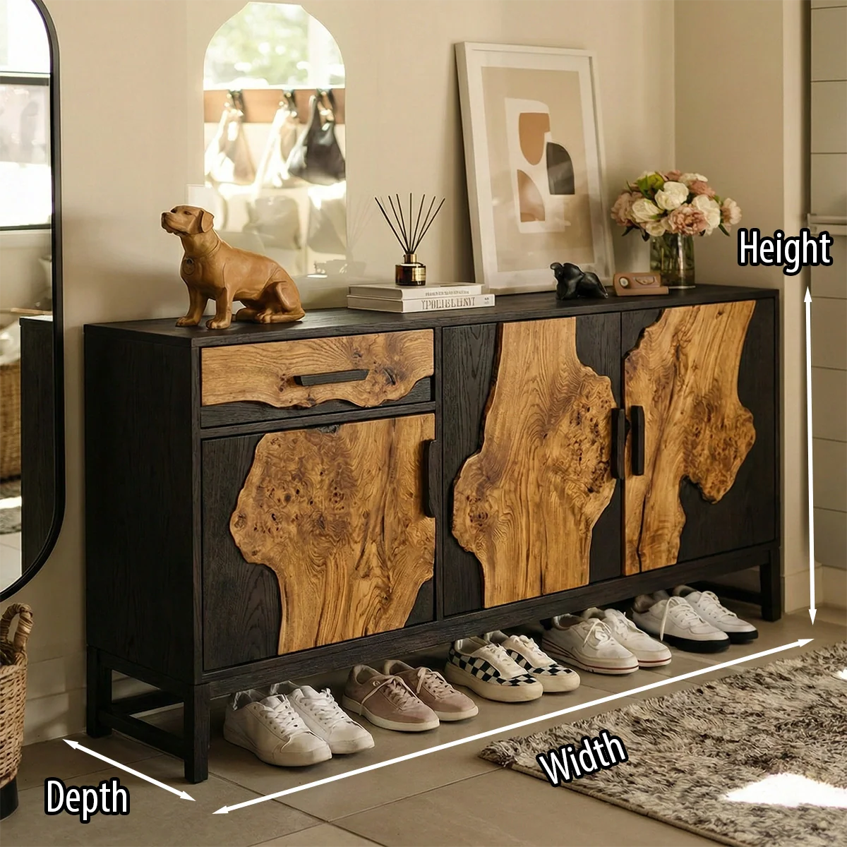 Live Edge Solid Wood Shoe Cabinet with Sculptural Grain Panels