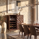 Wine Cabinet Solid Wood with Carved Relief Door and Bottle Shelves for Dining Room