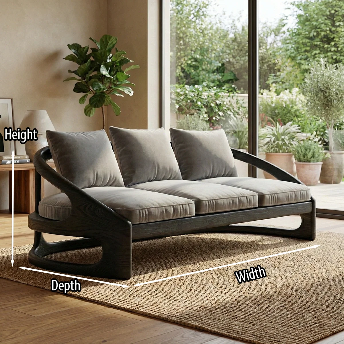 Sculptural Solid Wood Frame Sofa Modern Curved Arm Living Room Couch