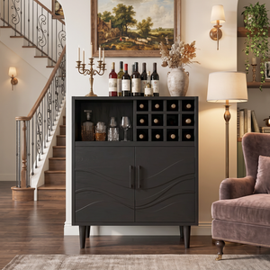 Solid Wood Wine Cabinet with Bottle Grid and Carved Storage Doors