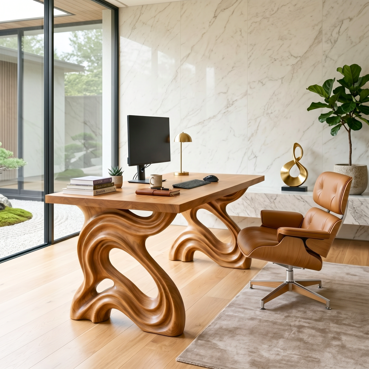 Organic Solid Wood Desk with Sculptural Loop Legs