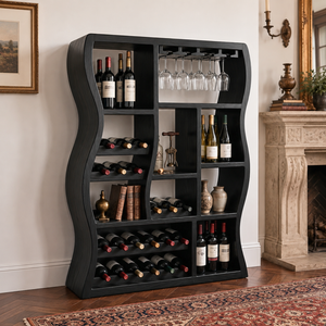 Sculptural Solid Wood Wine Cabinet with Curved Open Compartments