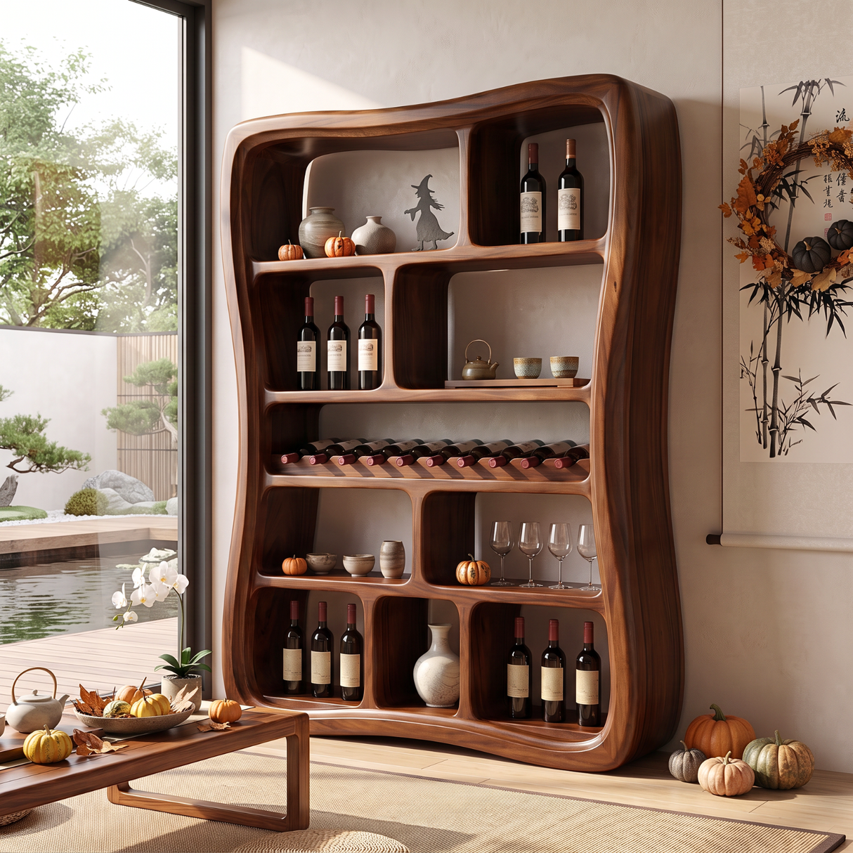 Wine Display Cabinet Solid Wood with Organic Open Compartments for Bar Decor