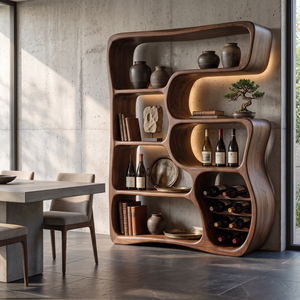 Wine Cabinet Solid Wood with Organic Open Shelves for Living Room Display