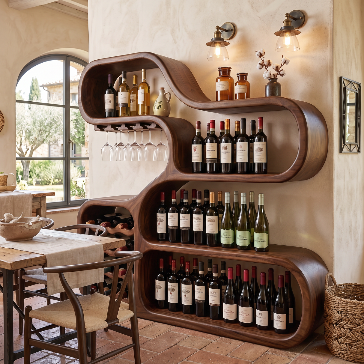 Wine Storage Cabinet Solid Wood with Curved Display Shelves for Home Bar