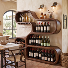 Wine Storage Cabinet Solid Wood with Curved Display Shelves for Home Bar