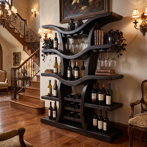 Freestanding Wine Rack Solid Wood with Branching Shelves for Home Bar