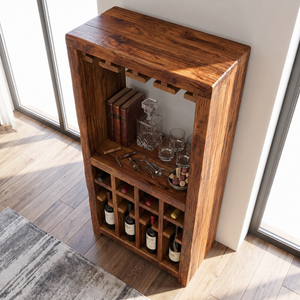 Solid Wood Wine Rack Cabinet with Stemware Holder and Display Shelf