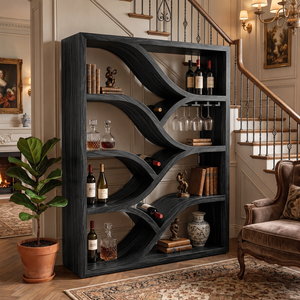 Sculptural Solid Wood Wine Display Cabinet with Flowing Bottle Shelves