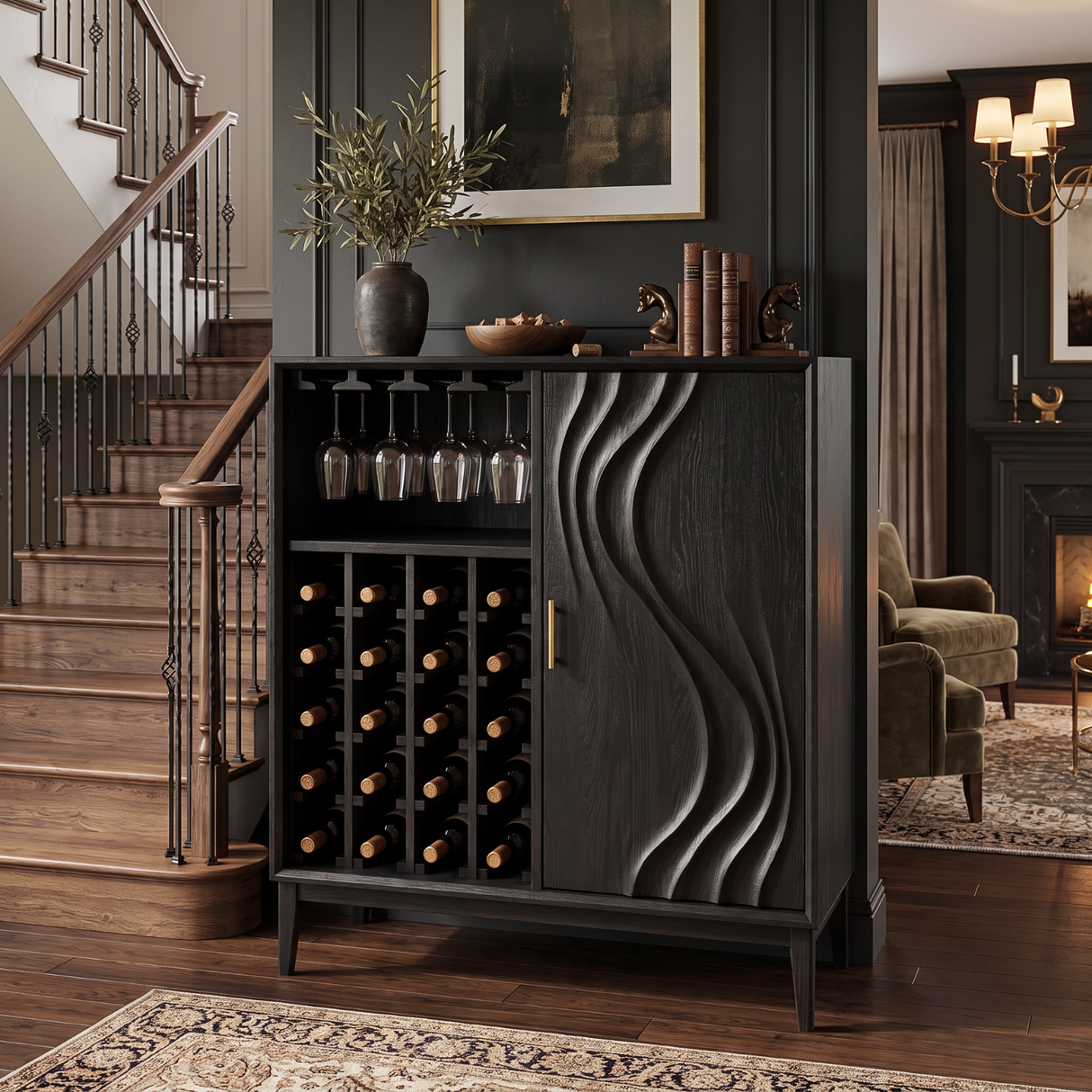 Solid Wood Wine Cabinet with Carved Wave Door for Dining Room