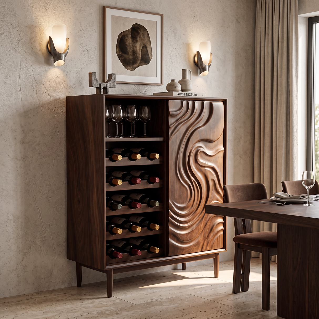 Wine Cabinet Solid Wood with Carved Wave Door and Bottle Storage for Home Bar