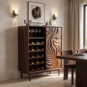 Wine Cabinet Solid Wood with Carved Wave Door and Bottle Storage for Home Bar
